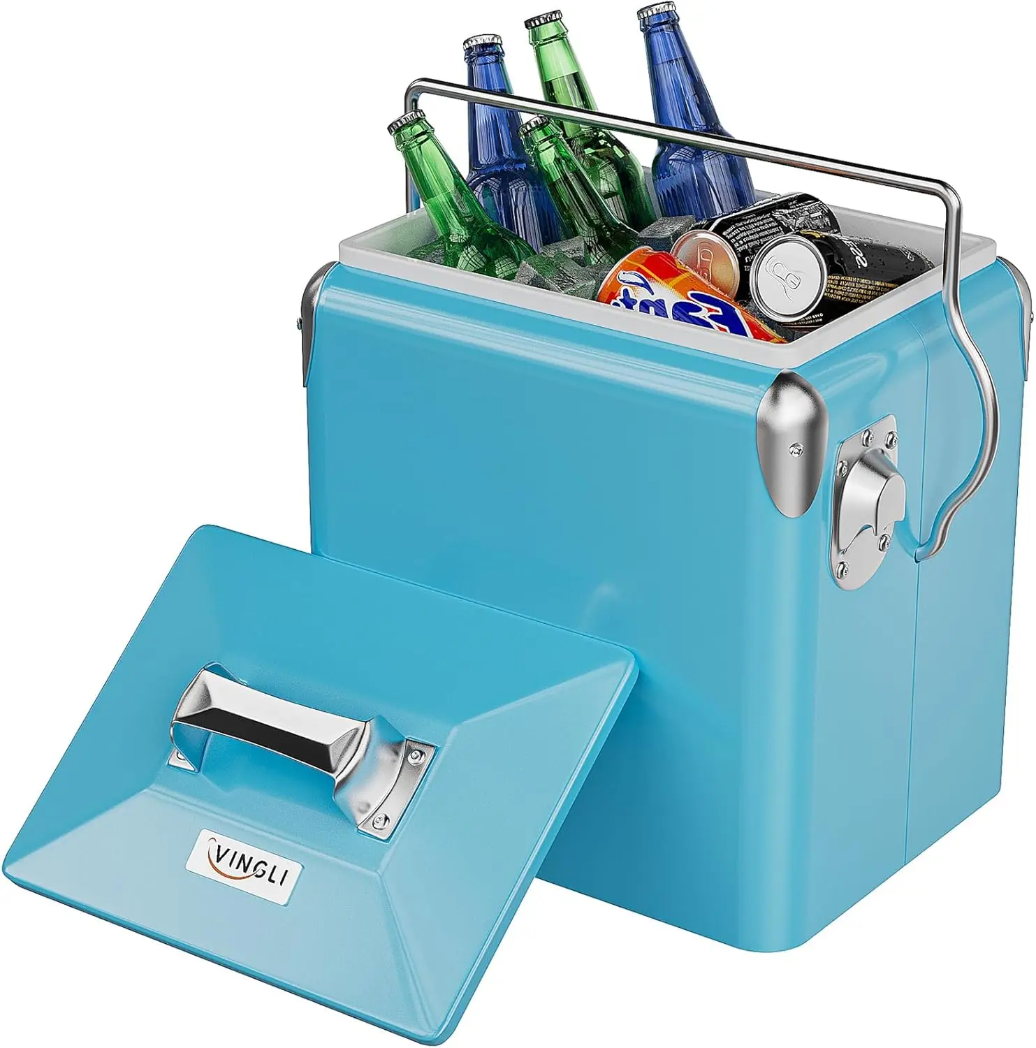 VINGLI 14qt Small Cooler Ice Chest, Beach Cooler, Insulated Portable Cooler, Retro Vintage Classic Style Hard Metal Cooler for Barbeques, Camping, Fishing and Picnics