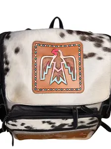 Western Linens Pink and Blue Aztec Tooling Free Bird Cowhide Adjustable Backpack, Black Leather Western Functional Bag with Roomy Interior