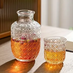 Elegant Leaf Pattern Glass Carafe & Cup Set - Durable Clear Glass Bedside Drinkware for Bedroom & Office, Stylish Aesthetic Home Decor & Perfect Gift Choice, Glassware Jug