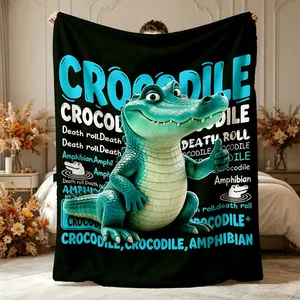 Cartoon Crocodile Text Print Flannel Blanket, Soft and Comfortable, Ideal for Camping, Travel, Office, Gift