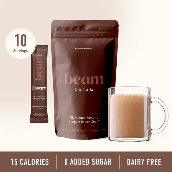 Beam Dream Nighttime Hot Cocoa — 10 Servings for Sleep Support (Cinnamon Cocoa, Brownie Batter, or Sea Salt Caramel, Melatonin + L-Theanine + Magnesium, No Added Sugar)