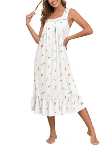 Victorian Nightgown Alert Sleeveless Flowy Sleepshirt Like Wearing a Cloud Womenswear Casual Lightweight Loungewear Night Gown Women Cute Nightwear Print Ruffles Crewneck White Flowers