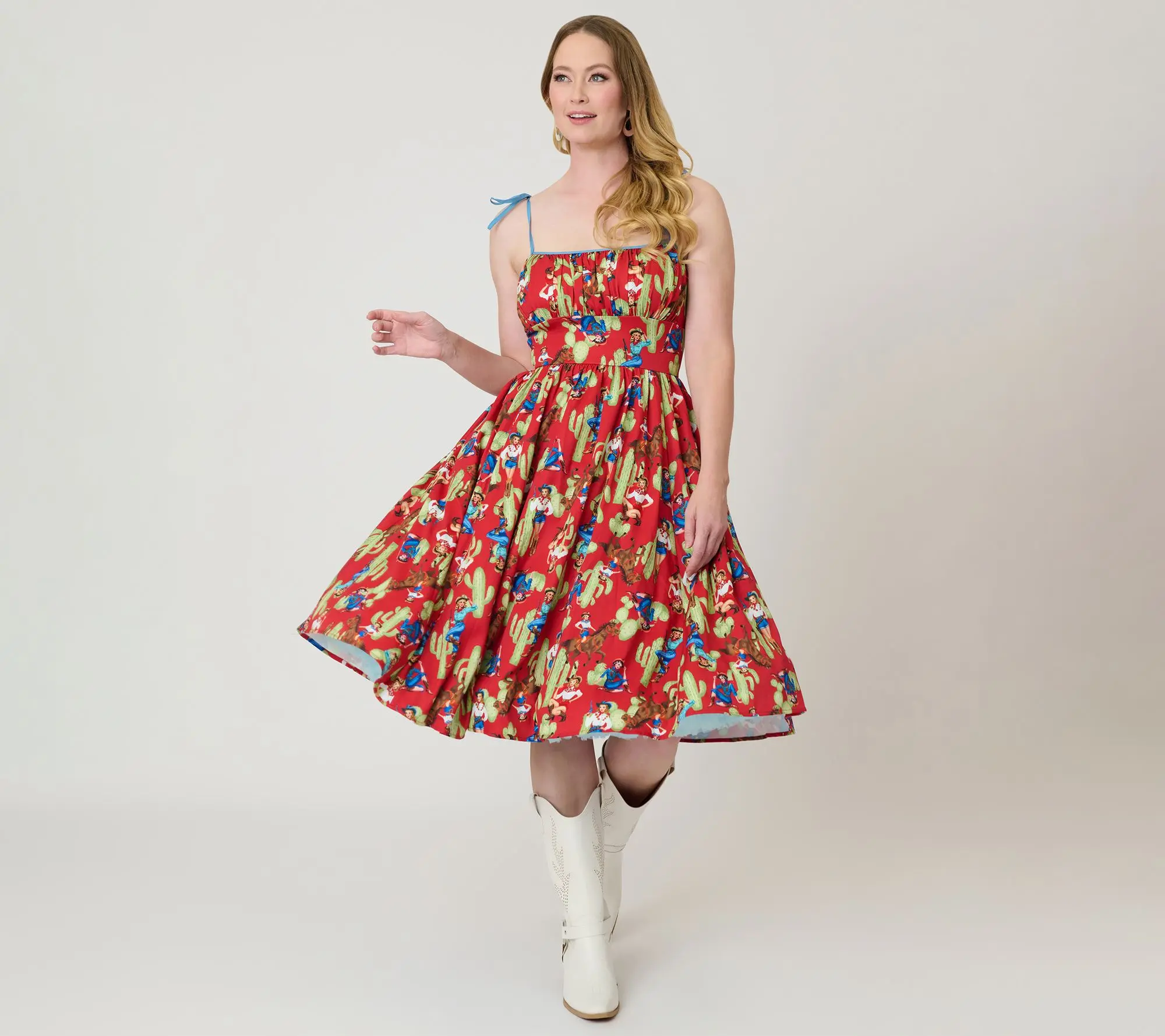 Unique Vintage Pinup Cowgirl Print Sleeveless Swing Dress