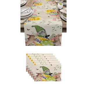 7pcs,Easter Table Runner Set, 7-Piece Linen Kitchen Dining Decor, Easter Decoration for Home, Includes Placemats and Pillowcases