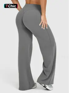 Women's Solid Color Sporty Yoga Pants, Casual Fitted Bottoms, Comfortable Flare Leggings, Elastic Waist, All Seasons Wear