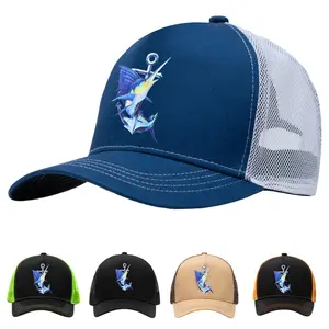 Blue Marlin Anchor Trucker Hat for Men Women, Fishing Snapback Cap Mesh Back Adjustable Summer Beach Hat, Deep Sea Fisherman Gift, Vintage Nautical Ocean Style Dad Hat Outdoor Sports Cap