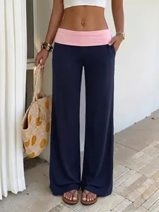 Buttery Soft Fold Over Waist Low Rise Y2K Flare Yoga Pants, Colorblock Print Sweatpants, Contrast Color Stretchy Bell Bottom Casual Lounge, Slimming for Streetwear, Daily & Vacation Wear, No See Through, Premium Soft Fabric, Athleisure Pants