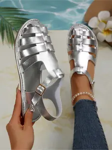 Golden woven Roman sandals for women in summer with buckle buckle flat shoes, versatile casual sandals for beach vacation Footwear