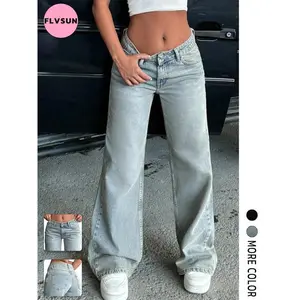 Women’s loose-fit Y2K low-rise boyfriend-style denim pants, retro aesthetic wide-leg work pants for teen girls, streetwear hip-hop pants with pockets, casual basic light blue minimalist GARMENTARY