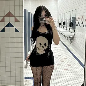 Gothic Dark Style Skull Pattern Slip Dress, Slim American Streetwear Spicy Girl Short Dress