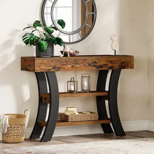 TRIBEWOOD 41" Small Console Table for Entryway, 3-Tier Rustic Sofa Table with Storage Shelves and Curved Frame for Living Room, Entry, Hallway, Foyer