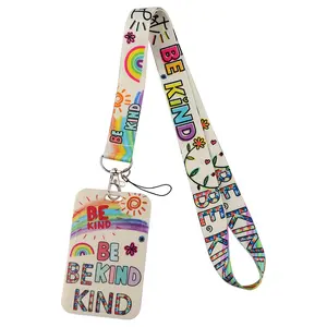 Rainbow Puzzle Lanyard Keychain Durable Polyester Lariat ID Card Holder Mobile Phone Charm Neck Straps Badge Holder for Teachers Be Kind