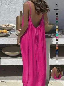Women's Solid Color Cami Backless Lounge Dress, Elegant Chic Sleeveless Long Loungewear Dress for Summer, Ladies Sleepwear for Indoor Wear