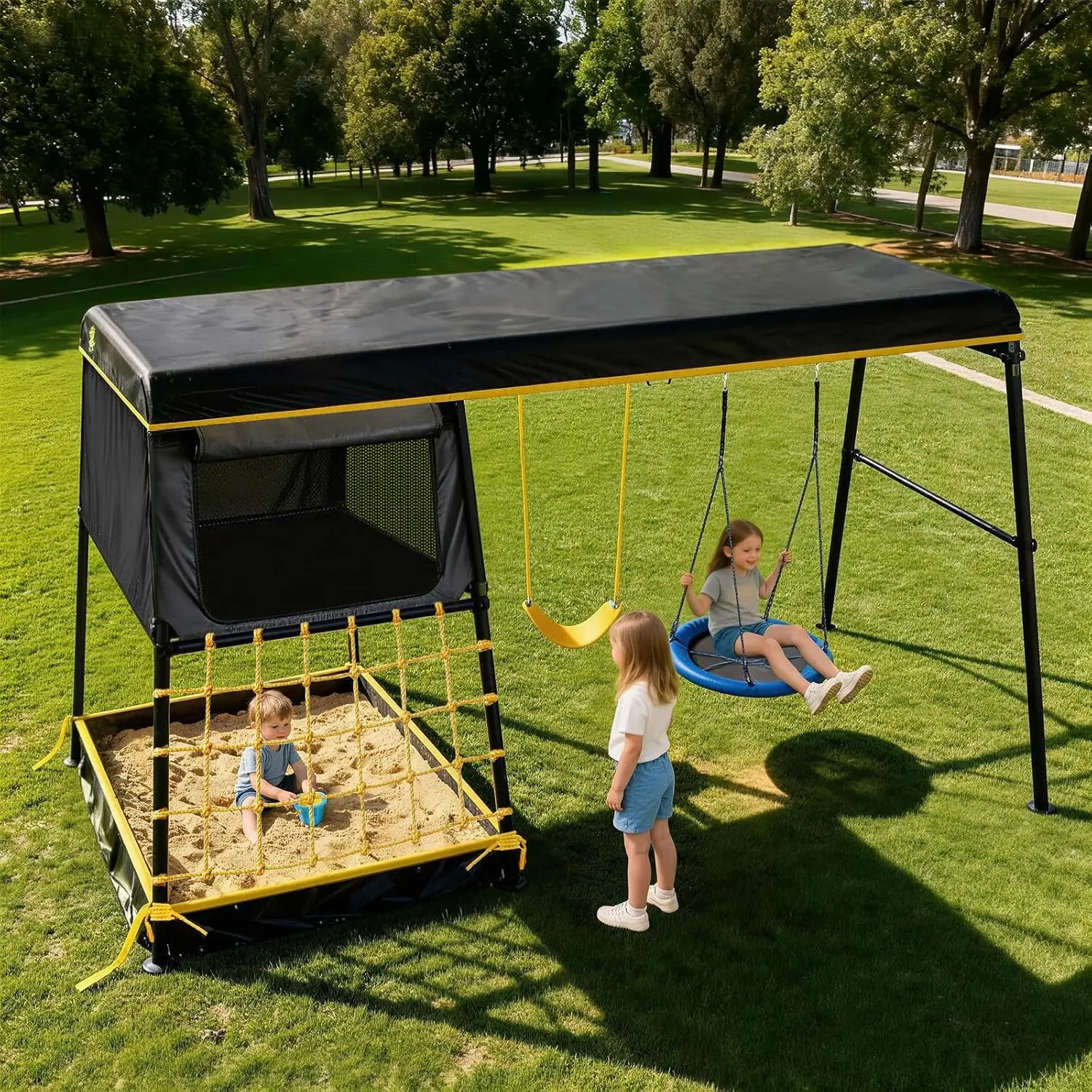 6-in-1 Swing Set for Backyard, Outdoor Playset with Sun Shade Cover, Cubby House, Sandpit, Climbing Net, Seat & Bed Swing, Metal Backyard Swing Set with 880lb Capacity, Fun in Sun or Rain