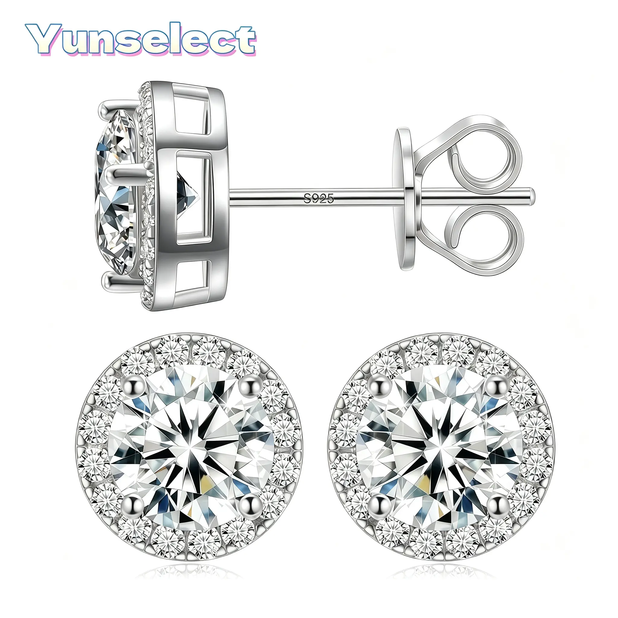 【Yunselect】18k Gold-Plated Halo Stud Earrings Lab-Created Moissanite Earring S925 Sterling Silver Moissanite Jewelry Perfect Birthday Mother’s Day Christmas Gift for Men Women Wedding Set