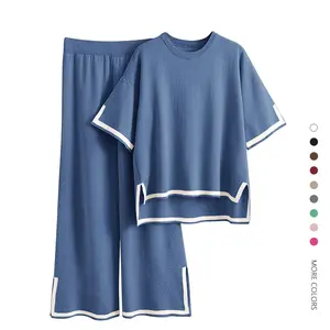 Women's Plus Size 2-Piece Loungewear Set - Lady's Casual Shortsleeve Cotton Nightwear Garment, Basic Pullover Top & Wide Leg Pants, Summer Travel Sleepwear, Sizes L-5XL