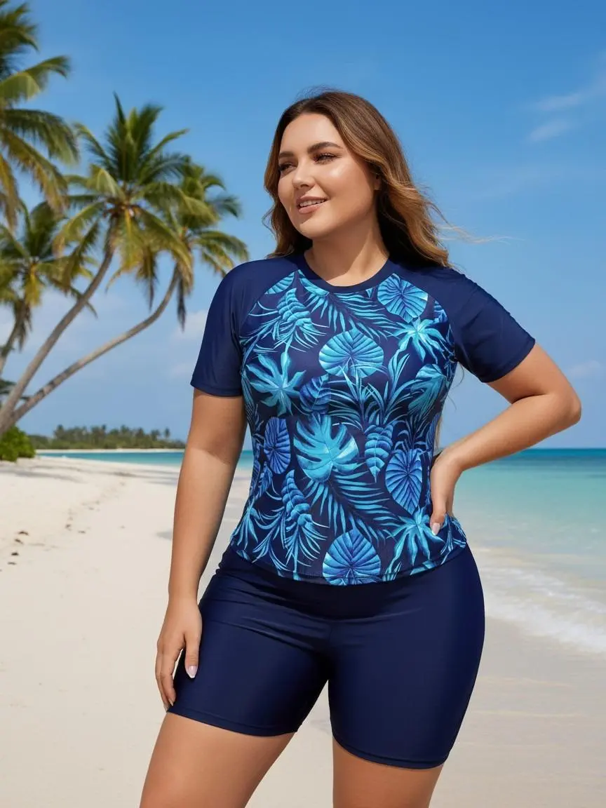 Women's Plus Size 2-Piece Tankini Swim Set - Tropical Print, High Neck Short Sleeve Rash Guard, High Elastic Tummy Control Shorts, Cropped Halter with Metal Decor, Sun Protection, Resort Wear, Sporty Chic for Beach Use, XXL, no, Swimsuits, Beach Adventure