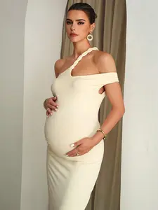 BELLAdresses Maternity Solid Color Ruched Fitted Elegant One-Shoulder Dress Summer Outfits Beige Maternity Dress Pregnancy Dress One Shoulder Maternity Dress Wedding Guest Dress  Elegant Dresses Yellow Dress