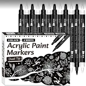 Black White Acrylic Paint Pen, Acrylic Marker,12 Pcs Brush and Fine Dotl Tip Permanent Black White Paint Markers for Paper, Rock Painting, Wood Sign, Metal, Plastic, Ceramic Drawing