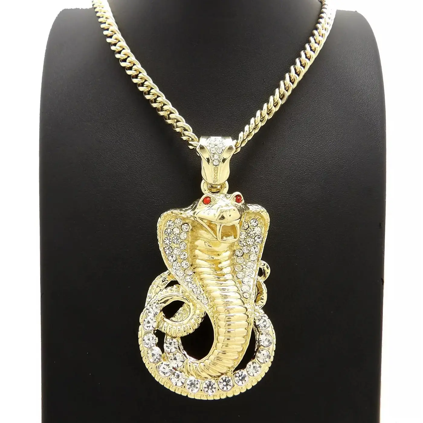 MaxBling81 Unisex Gold-Plated Adjustable Iced Out Cobra Snake Pendant Necklace (1.75" W x 3.5" T) with 6mm Miami Cuban Link Chain (24in,30in,36in) - Chunky Gold Costume Jewelry, Edgy Casual Look, Fashion Modern Accessories, Snake Motif