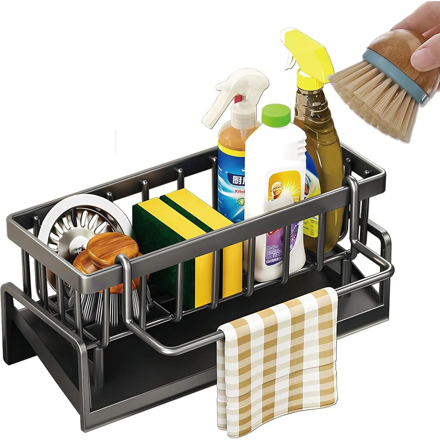 Stainless Steel Rust Resistant Kitchen Sink Caddy Organizer - 1-Layer Rectangle Home Supplies Countertop Holder, 45° Self-Drains Sponge & Dish Brush Storage, Removable Dishcloth Airdry Rack, Grey, Corner-Fit Compact Sink Organization, Durable, Kitchen Cle