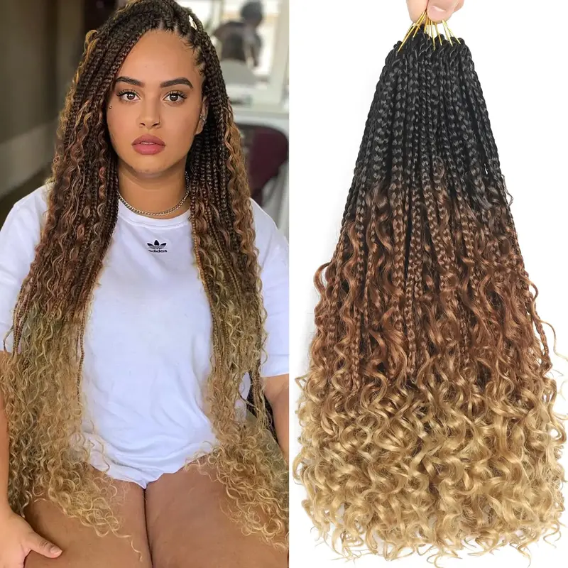 8 Packs Boho Crochet Braids for Black Women 18 Inch Box Braids Crochet Braids Hair with Curly Ends Pre Looped Bohemian Box Braid Crochet Hair 1B/30/27 Boho Box Crochet Braids Synthetic Braiding Hair