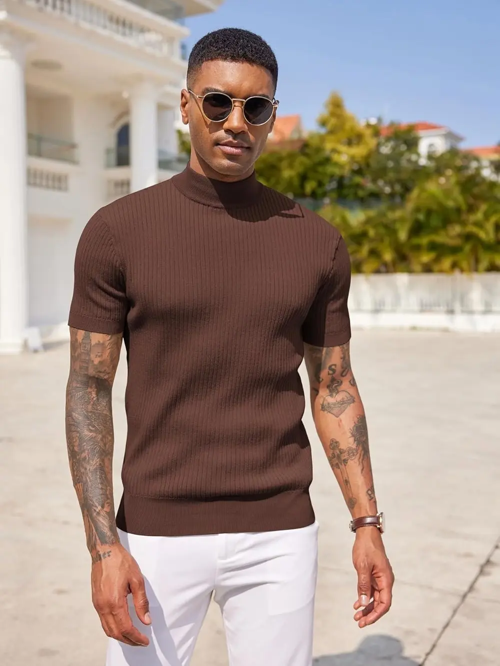 COOFANDY Men's Mock Turtleneck Sweater Short Sleeve Casual Basic Tops Ribbed Knit Pullover Solid Tee