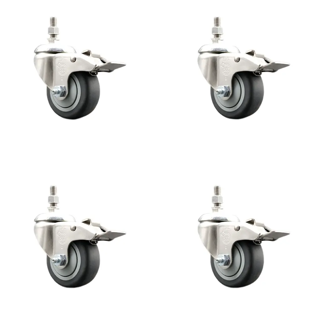 Service Caster SCC-SS316TSTTL20S3514-TPRB-M1015-4 Thermoplastic Rubber Swivel Stem Caster with 3.5 in. Caster Wheels - 10 mm Metric Threaded Stems - 316 Stainless Steel Casters - Set of 4