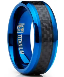 Men's Titanium Wedding Band, Engagement Ring, Blue Ion Plating and Black Cardon Fiber Inlay 8-13