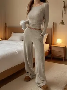 Women's Soft Knit Long Sleeve Round Neck Top & Wide Leg Pants Set, Comfortable Home Wear, Casual Two-Piece for Daily Use