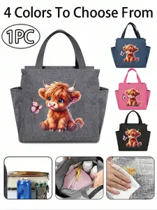 Double-Pocket Insulated Lunch Bag, Lunch Box Bag With High-Capacity Highland Cow Pattern, Student Meal Insulated And Fresh-Keeping Bag, Super Cute Calf Butterfly Big Eyes, Portable Picnic Bag,School Lunch Bag Insulated Lunch Package, Durable Lunch Bags