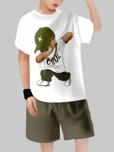 Boys' Street Style Loose Fit Short Sleeve Tee Set, All-Over Print Summer Fashion Top, Casual H-Type Shorts Suit