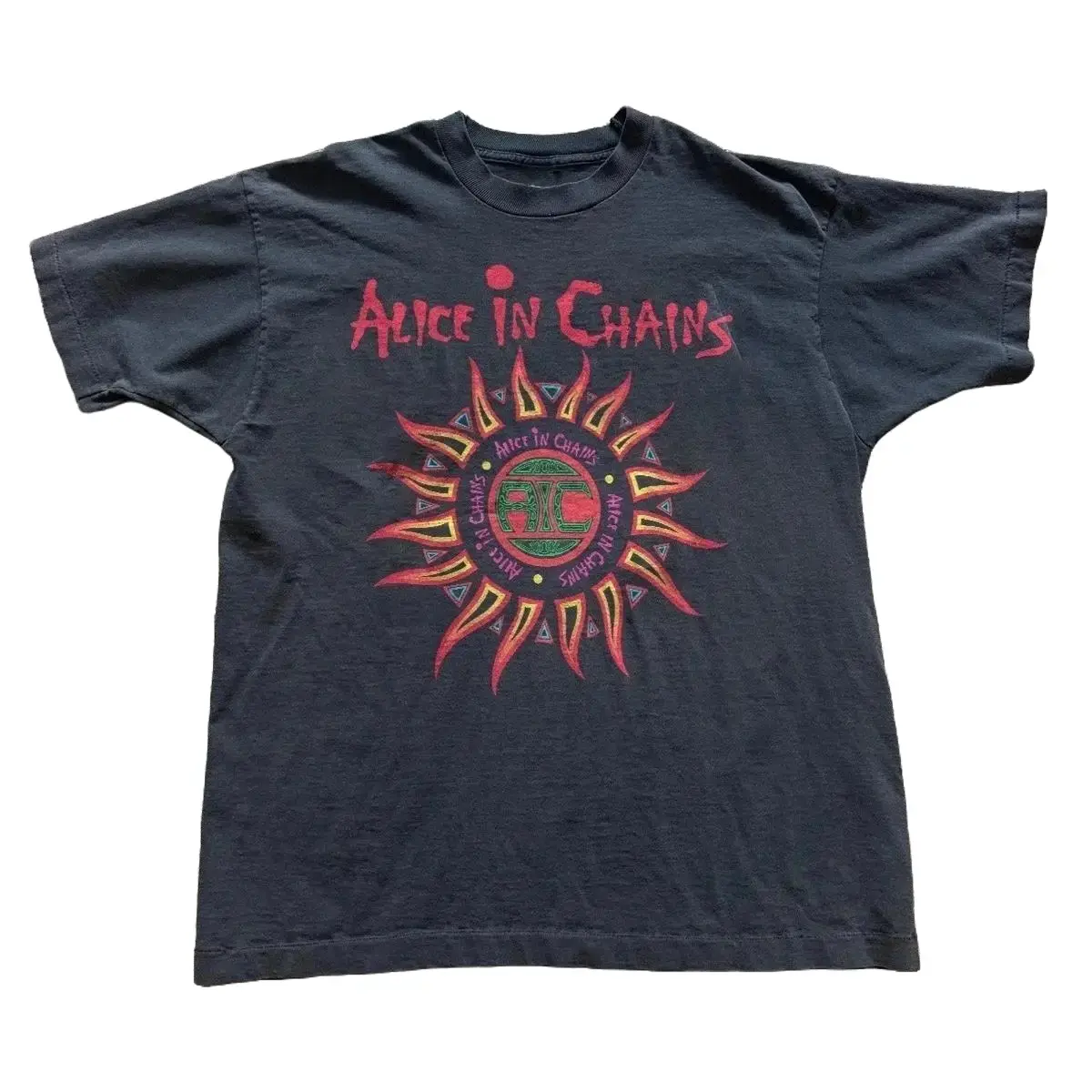 Vintage 90s Alice In Chains Sun Shirt - Grunge Rock Band Fitted Short Sleeve Clothes, Geometric Graphic, Unisex Aesthetic Boho Style Wash Cotton Summer Casual Sports Top Gift, Casual Wear, Graphic Print, Grunge Band Tee