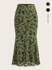 Women's Autumn & Winter Daily Floral Mesh Hip Wrap Floral Print Skirt High Waist Home Outdoor City Loose Trend Casual Elegant Youth Simple Versatile Texture Temperament Natural Literature Art Aesthetic Chic