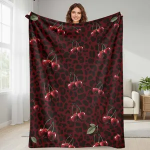 Cherry Leopard Flannel Blanket Red Cherry and Animal Print Pattern Soft Warm Cozy Lightweight Throw Perfect for Bedroom Sofa Living Room Office Gift Decoration