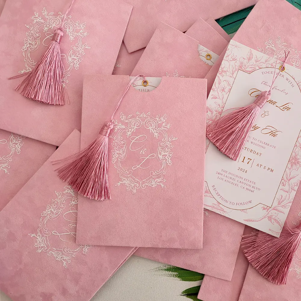 High-End Custom Wedding Invitation Card Light Pink Velvet Material with Custom Logo for Business Events