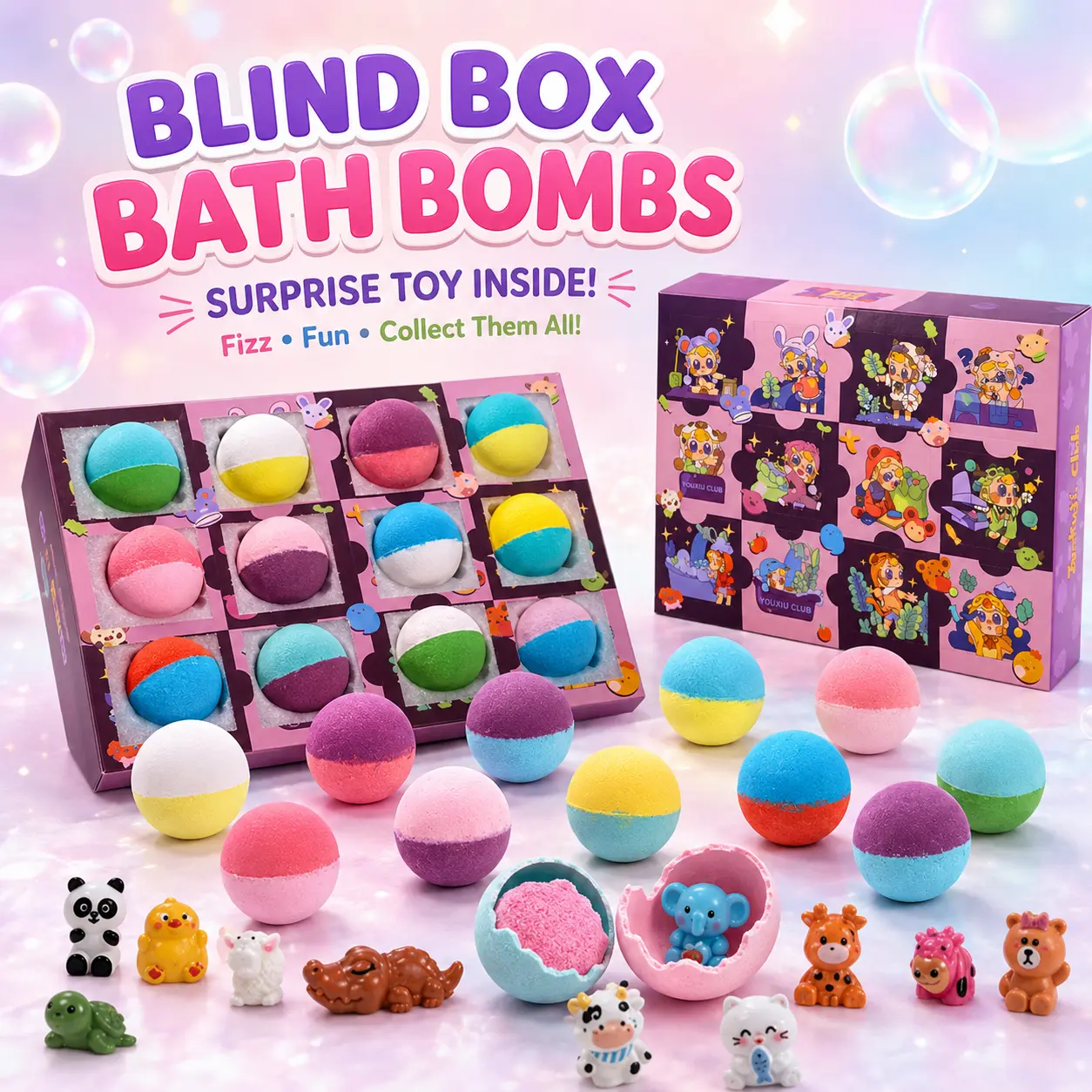 IYOKUJI CLUB 12-Piece Animal Surprise Bath Bomb Gift Set, randomly arranged; each blind-box bath bomb contains a cute animal toy; perfect for children and women, ideal as small gifts for birthday parties; moisturizing organic bath bomb set