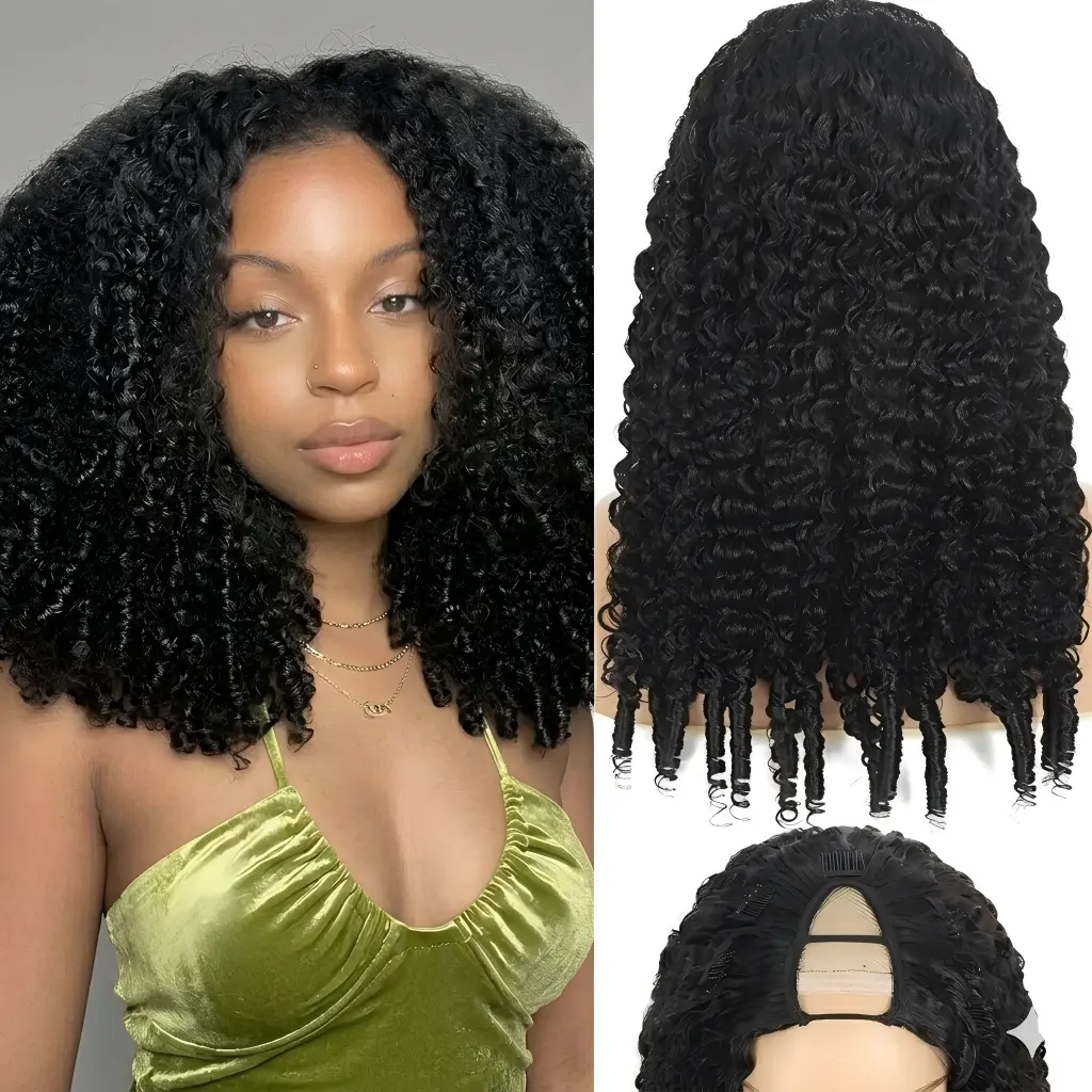 V Part Wig Human Hair Burmese Curly Wig No Leave Out No Sew in 180% Density Upgraded U Part Human Hair Wig with Drawstring Glueless V Shape Clip in Half Wig for Women Beginner Friendly No Glue Ready to Go Wig Natural Black #SummerWins #DealsForYouDays