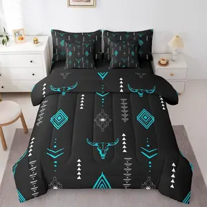 Bull Skull 7 Pcs Comforter Bed Set,Boho Horns Bedding Kids Ethnic Bohemian Bed Bagsheet Set,Tribal Symbol Mysterious Aztec Room Decor Geometric Bed Set
