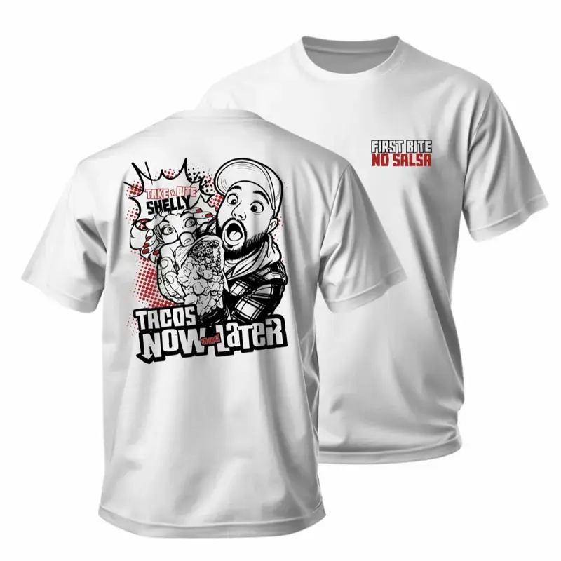 Women's White Ribbed Stretchy Short Sleeve Crewneck T-Shirt - First Bite No Salsa (Shelly Shirt) Tacos Now Later Design, Casual Everyday Wear