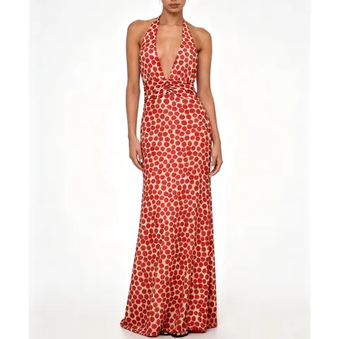 Women Halter Neck Long Dress Fashion Dot Print Sleeveless Open BackFit Mesh Dress for Daily Party Club