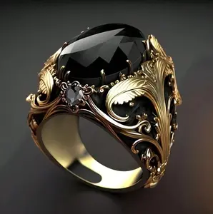 1pc Ring Jewelry Gift, Men's Ring, Vintage Men's Copper Ring With Black Oval Artificial Diamond Insert, Vintage Gold Plated, Elegant Single Style Luxury Cute