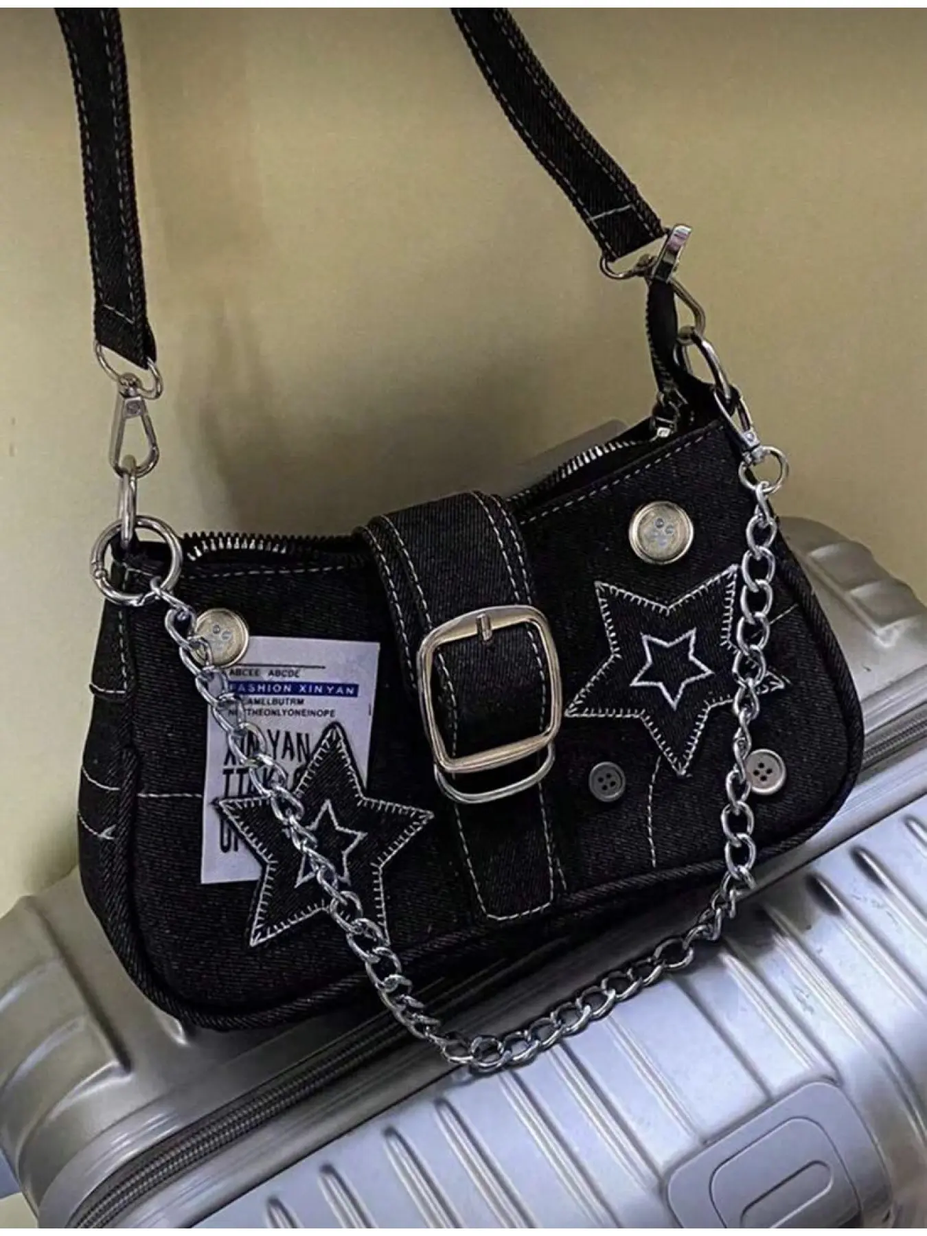 Y2K Punk Style Canvas Crossbody Handheld Shoulder Bag For Women With Chain Strap Star Decor Casual Crossbody Bags Fashion Versatile Lightweight Casual Bag For Party Vacation Shopping School Outdoor Gift Gothic Punk Adjustable Crossbody Bag