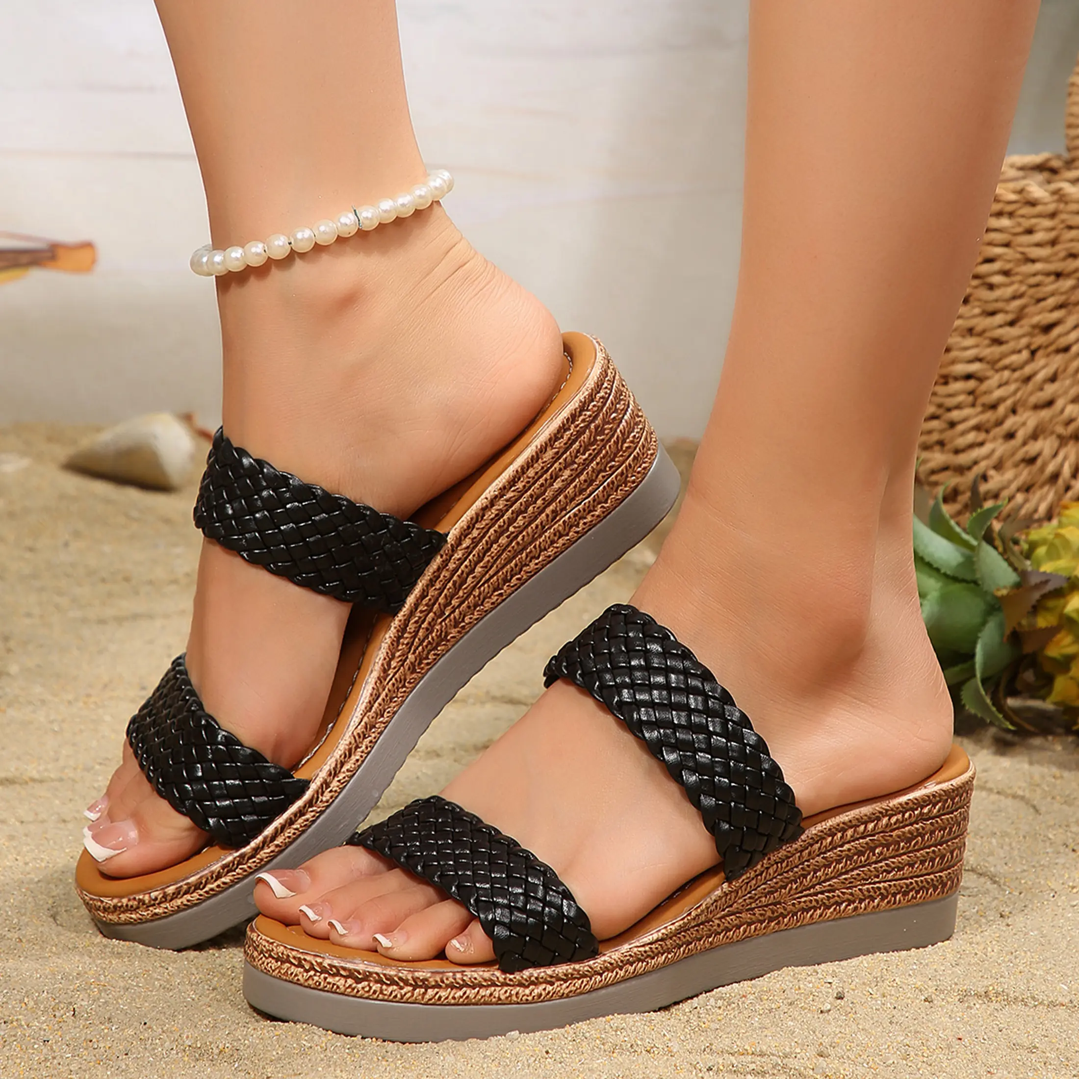 Women's Platform Low Wedge Sandals Woven Strap Open Toe Soft Sole Daily Wear