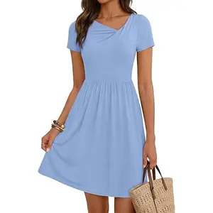 MEROKEETY Women's Summer Asymmetrical V Neck Sundress 2026 Short Sleeve Casual Ruched A Line Beach Vacation Mini Dresses