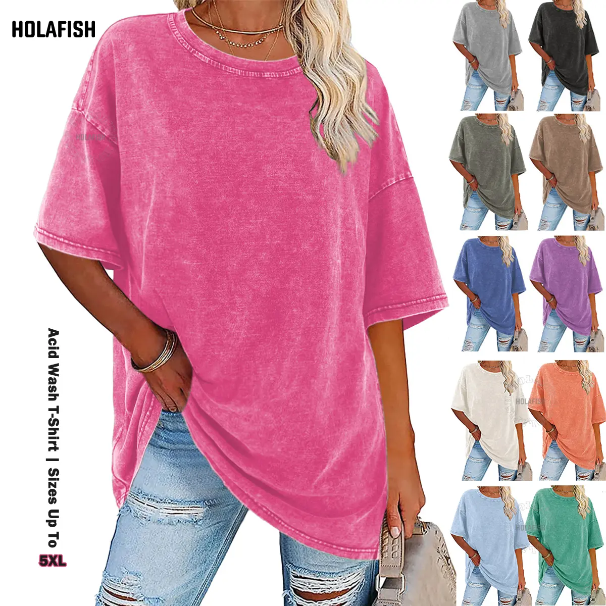 Holafish Women's Vintage Acid Washed Cotton Crewneck Short-Sleeve Loose-Fit T-Shirt - Casual Streetwear Apparel for Women's Outfits, Tops, Shortsleeve, Fabric, T Shirts, 2000S Aesthetic, Crew Neck, Easter, Solid, Lady, Basic, Vintage T Shirts