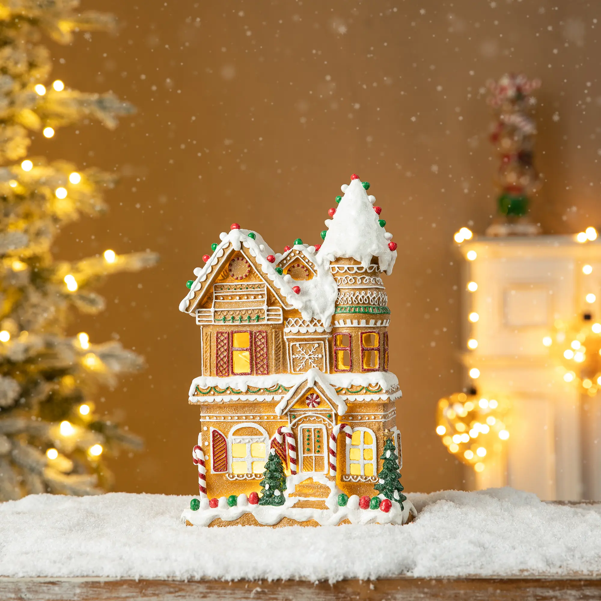 Glitzhome 12"H Durable Resin Lighted Irregular Christmas Gingerbread House Table Decor with Timer, Classic Christmas Decor, Hand Painted Details, Batteries