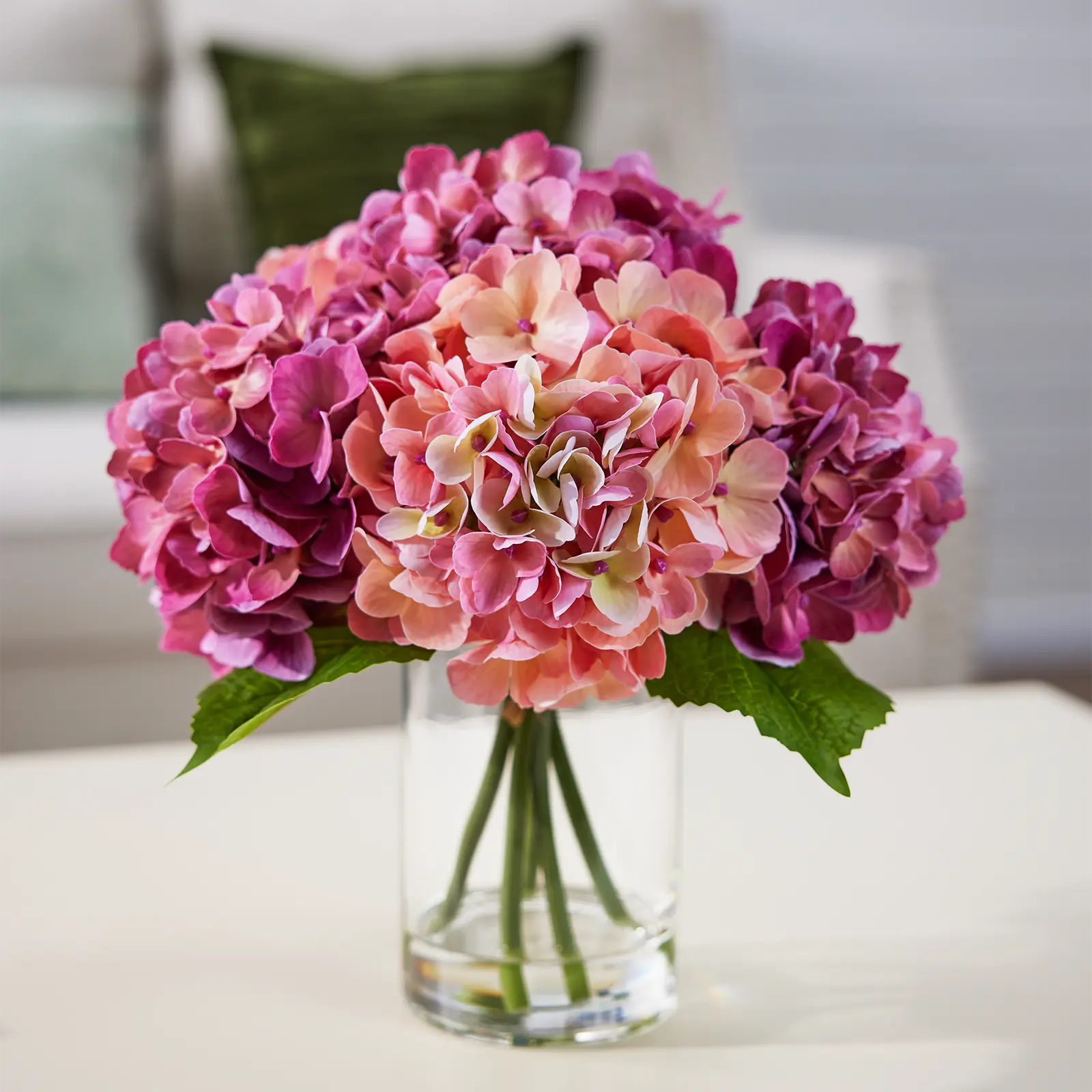 VeriNatural Pink&Red / Purple&Blue/White Faux Hydrangea Arrangement in Glass Vase for Home Decor