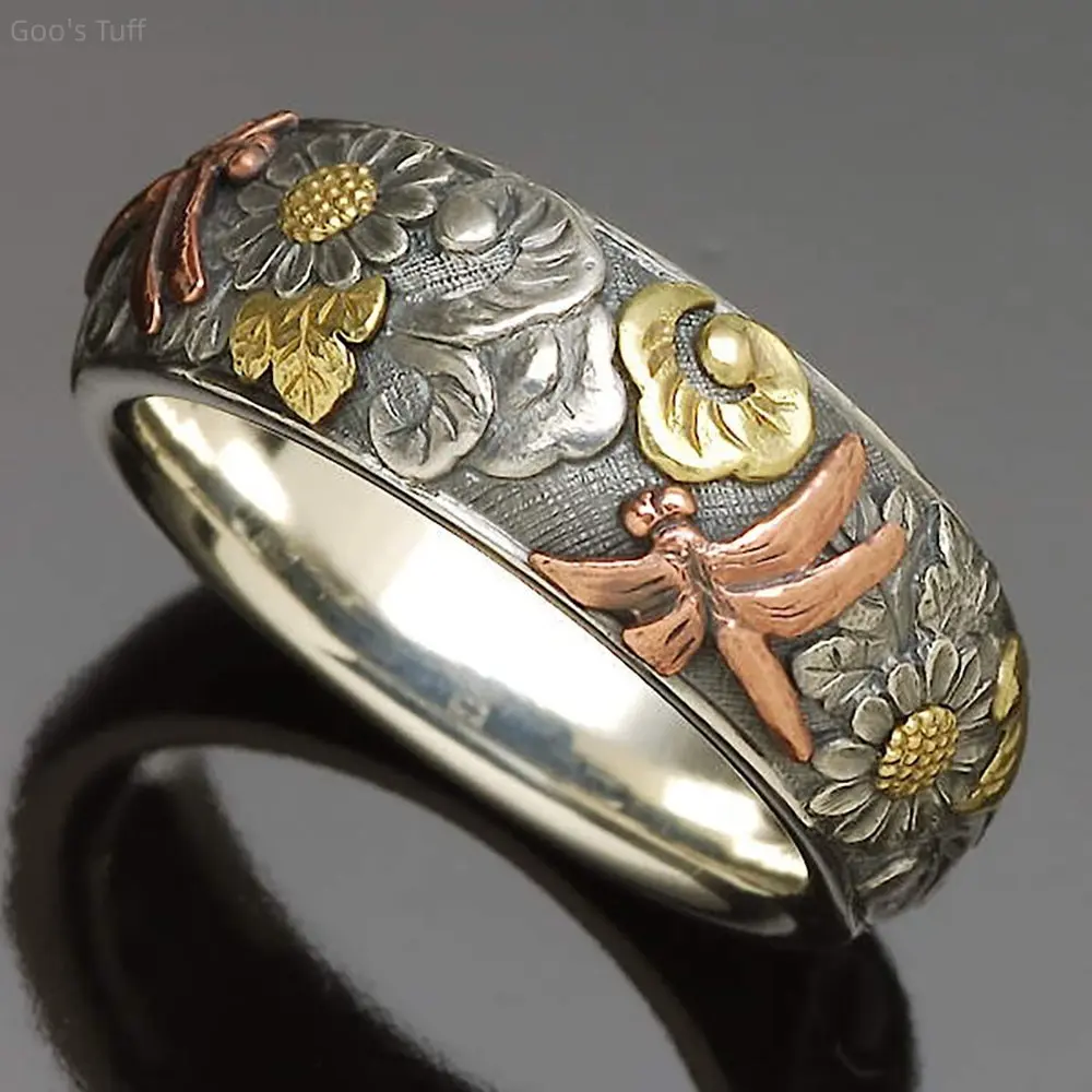 Women's Vintage Engraved Band Ring - Female Boho Rings with Floral, Dragonfly, Sunflower Nature Patterns, Cross-Border Design for Boho Travel Party, Everyday Outfits, Dragonfly Ring