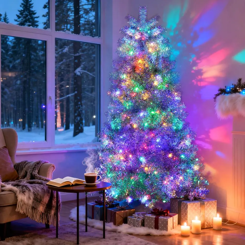 Removable/adjustable/recyclable/full of atmosphere/6ft silver pre-lit artificial Christmas tree, hinged full tree with metal stand, 800 branch tips, 300 LED lights, 11 lighting modes, office/indoor and outdoor holiday decoration tree/